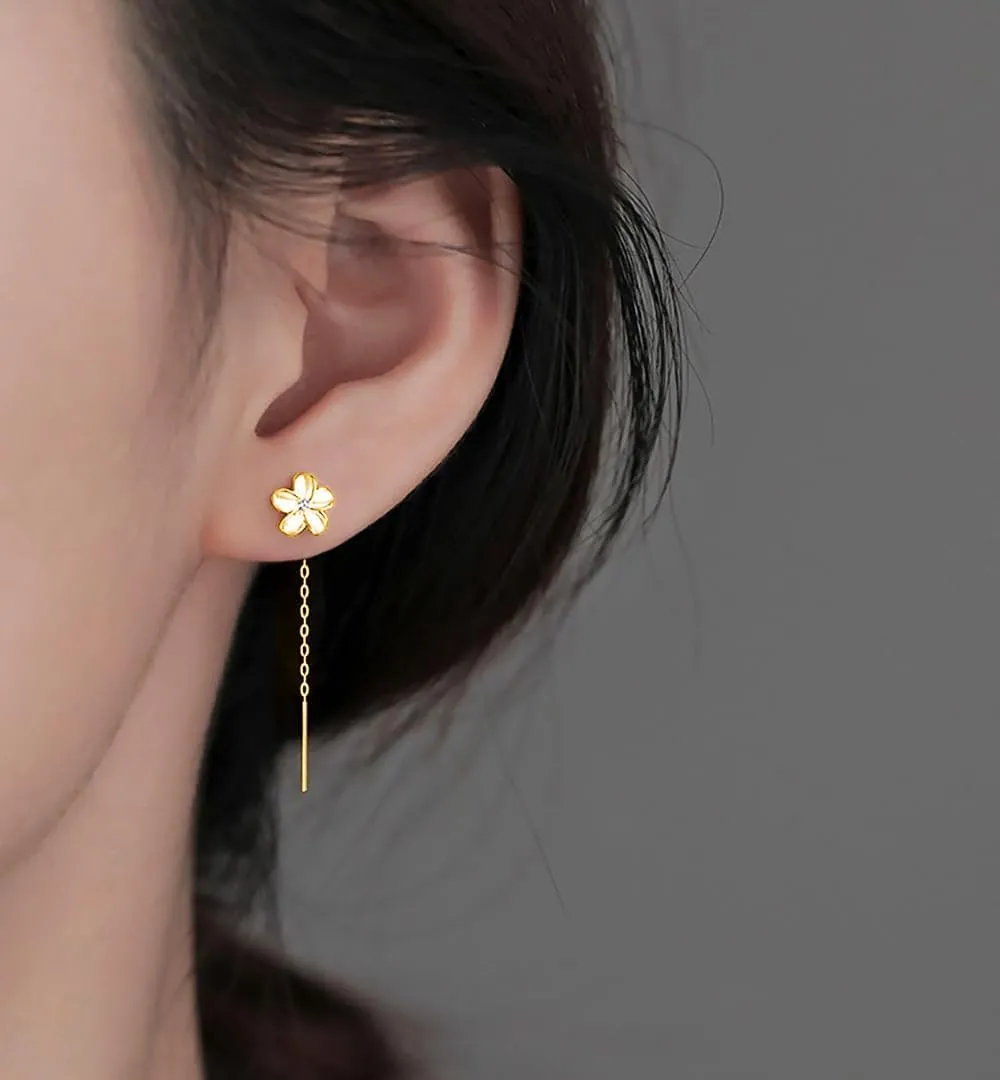 Reffeer Solid 925 Sterling Silver Plumeria Flower Chain Dangle Earrings for Women Teens CZ Flower Tassel Earrings Threader Drops