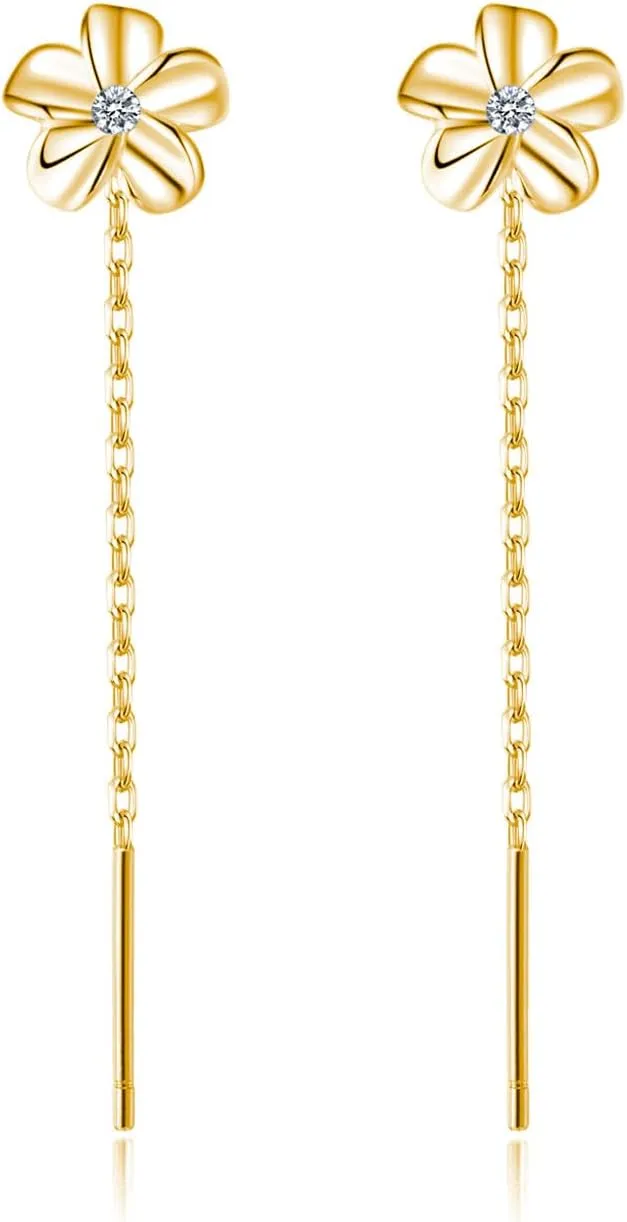 Reffeer Solid 925 Sterling Silver Plumeria Flower Chain Dangle Earrings for Women Teens CZ Flower Tassel Earrings Threader Drops