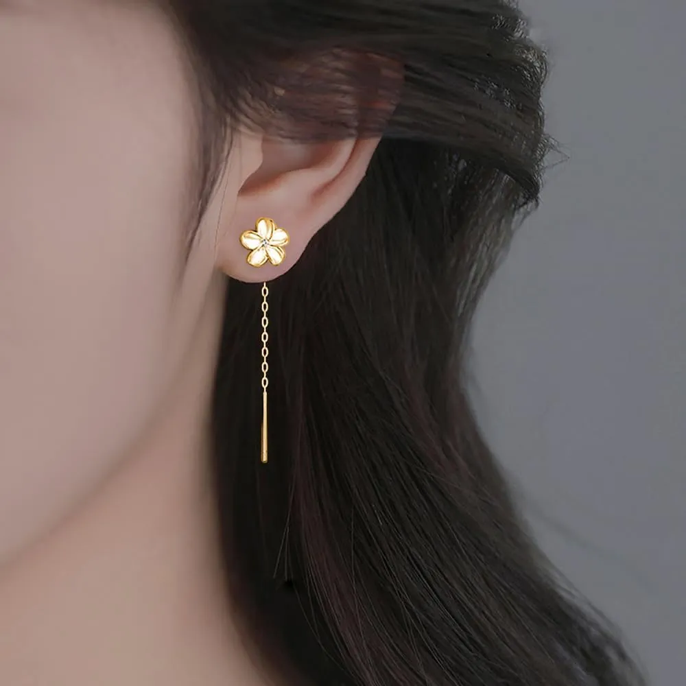 Reffeer Solid 925 Sterling Silver Plumeria Flower Chain Dangle Earrings for Women Teens CZ Flower Tassel Earrings Threader Drops