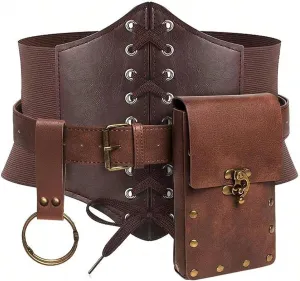 Renaissance Costume for Women Medieval Leather Accessories Include Corset Belts, Waist Pack & Bracket Retro Cosplay Accessories for Halloween, Theme Party, Brown Belts for Women