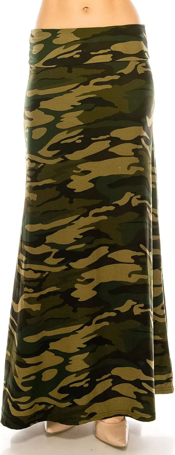 RENESEILLE Women's Long Maxi Skirt  Casual High Waist Fold Over Elastic Waistband Soft Flare Foldable Stretch Lounge Boho