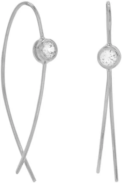 Rhod. P. 925 Sterling Silver Wire Earrings 4mm Bezel Set CZ Simulated Diamond Drops 43mm Stud Earring for Women