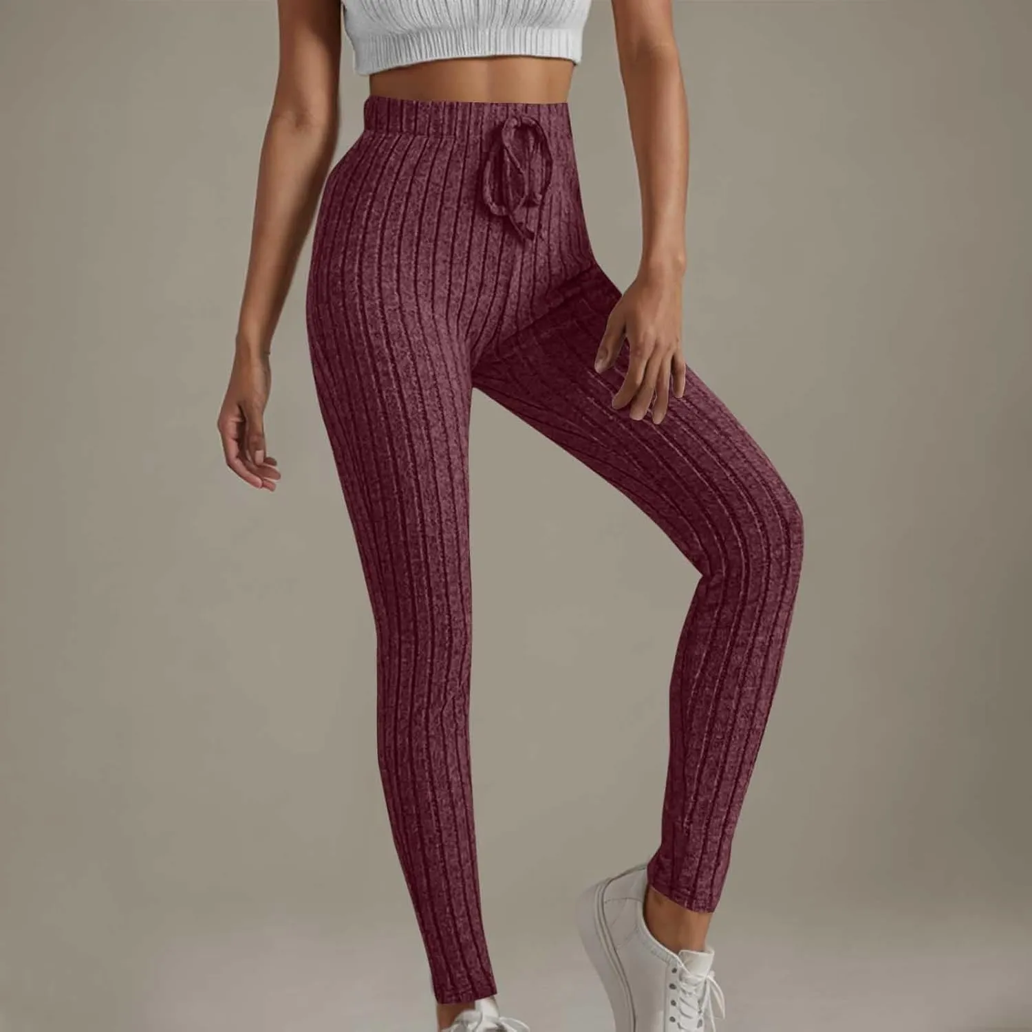 Ribbed Knit Pants for Women 2024 Casual Solid Drawstring Waist Trousers Loose High Waist Tight Hip Lifting Stretch Yoga Pant