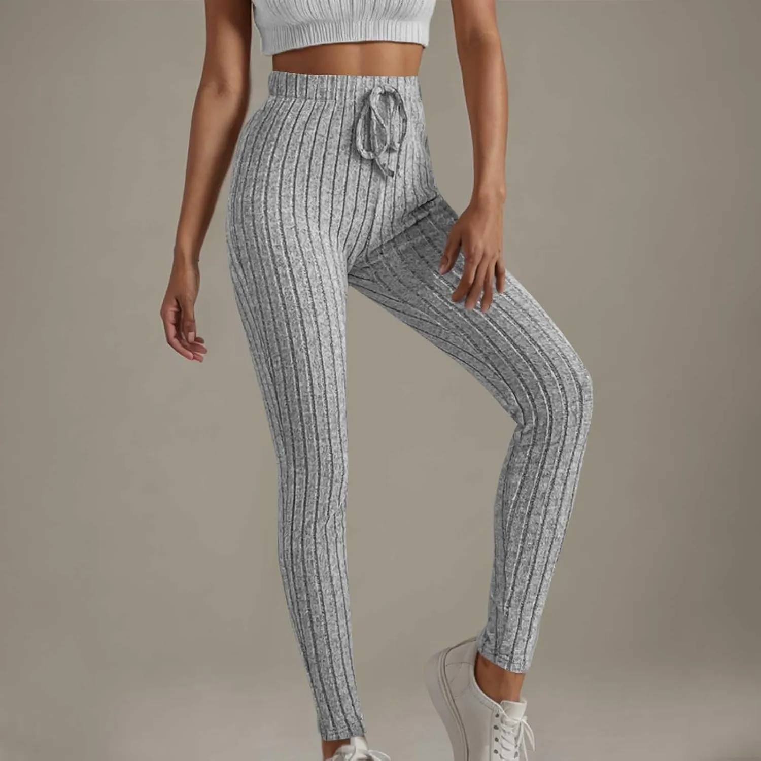 Ribbed Knit Pants for Women 2024 Casual Solid Drawstring Waist Trousers Loose High Waist Tight Hip Lifting Stretch Yoga Pant