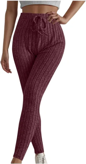 Ribbed Knit Pants for Women 2024 Casual Solid Drawstring Waist Trousers Loose High Waist Tight Hip Lifting Stretch Yoga Pant