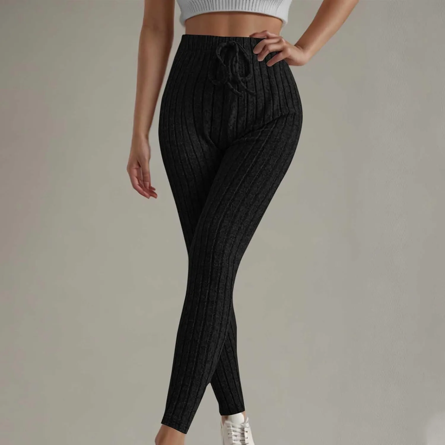 Ribbed Knit Pants for Women 2024 Casual Solid Drawstring Waist Trousers Loose High Waist Tight Hip Lifting Stretch Yoga Pant