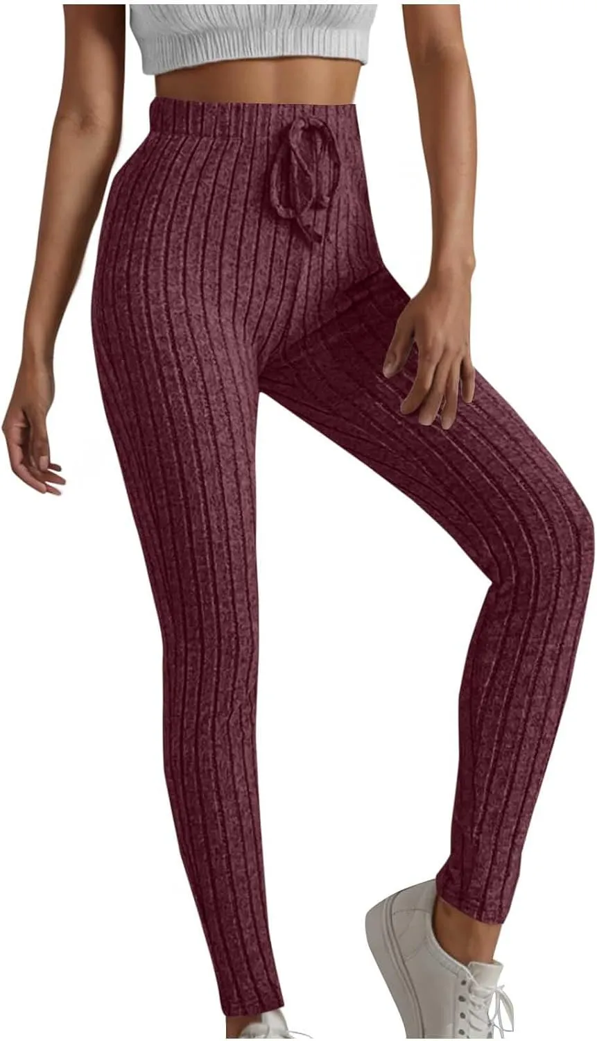 Ribbed Knit Pants for Women 2024 Casual Solid Drawstring Waist Trousers Loose High Waist Tight Hip Lifting Stretch Yoga Pant