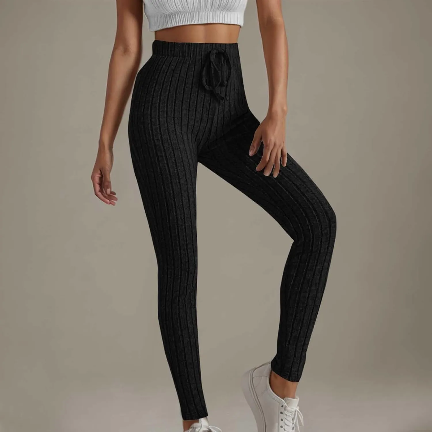 Ribbed Knit Pants for Women 2024 Casual Solid Drawstring Waist Trousers Loose High Waist Tight Hip Lifting Stretch Yoga Pant