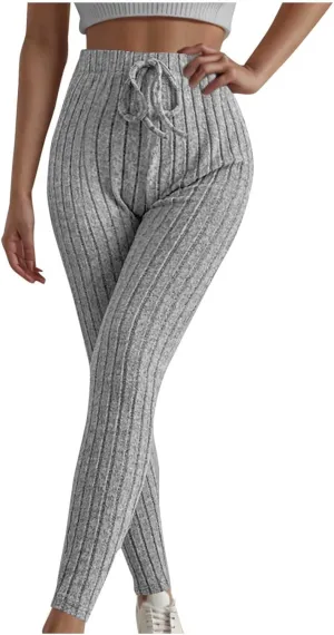 Ribbed Knit Pants for Women 2024 Casual Solid Drawstring Waist Trousers Loose High Waist Tight Hip Lifting Stretch Yoga Pant