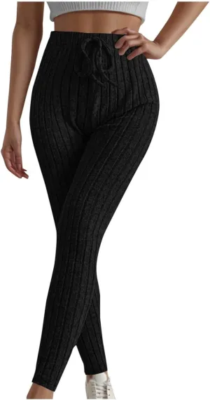 Ribbed Knit Pants for Women 2024 Casual Solid Drawstring Waist Trousers Loose High Waist Tight Hip Lifting Stretch Yoga Pant