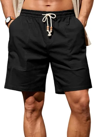 Sailwind Men's Linen Cotton Shorts 7" Elastic Waist Drawstring Casual Summer Beach Shorts