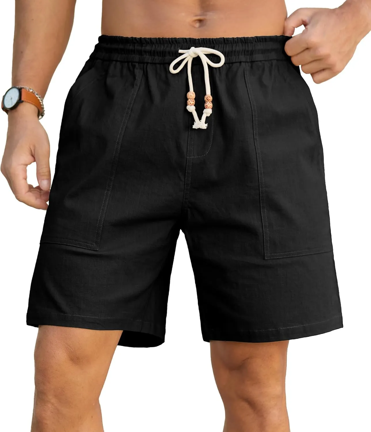 Sailwind Men's Linen Cotton Shorts 7" Elastic Waist Drawstring Casual Summer Beach Shorts