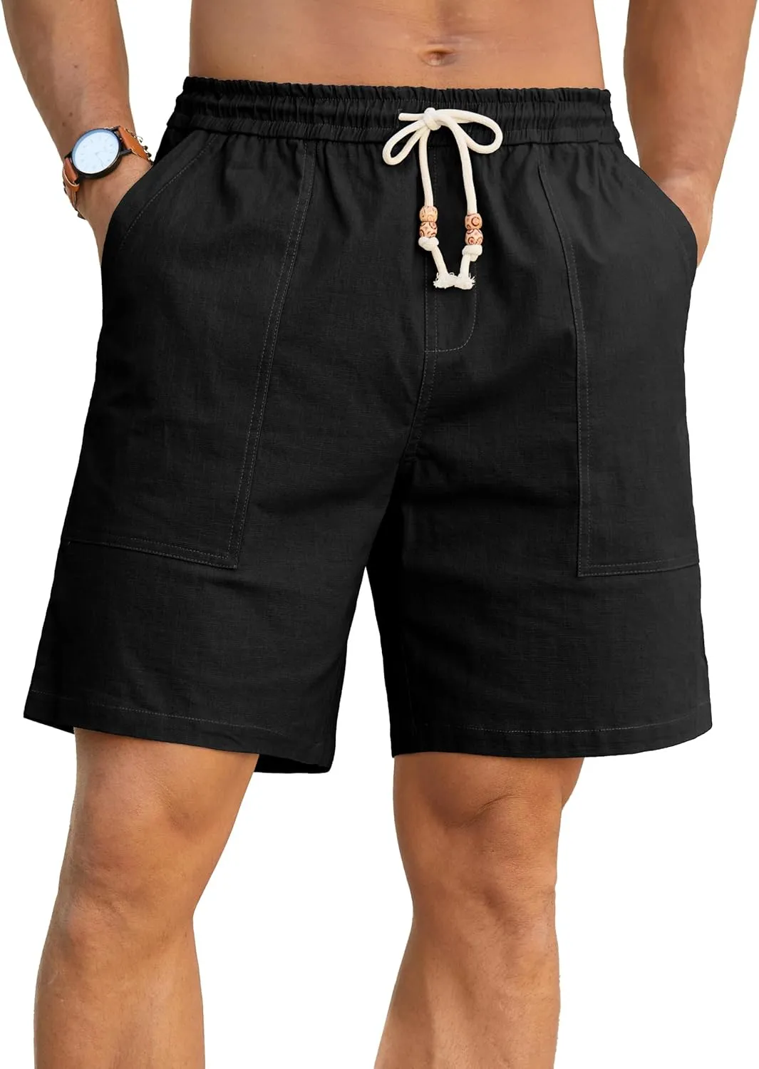 Sailwind Men's Linen Cotton Shorts 7" Elastic Waist Drawstring Casual Summer Beach Shorts