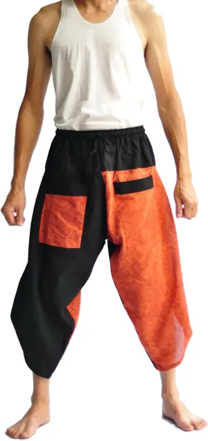 Samurai pants japanese style pants thai pants men japanese harem pants men kimono pants men shorts elastic waist men renaissance pants thai Black and orange fabric