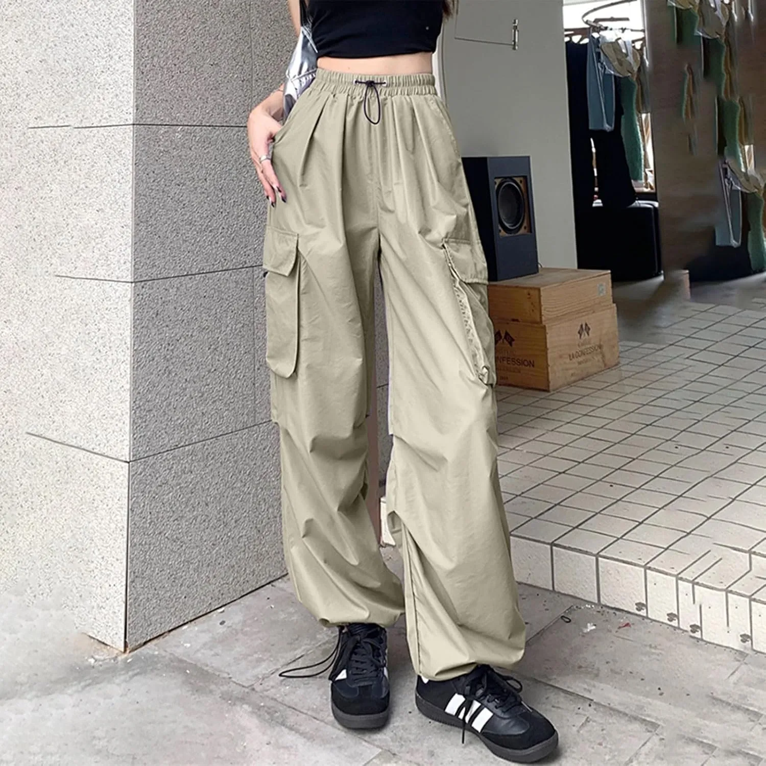 sdbrld Womens High Waisted Cargo Pants Wide Leg Joggers Plus Size Casual Sweatpants Ladies Loose Trousers Clothes with Pocket