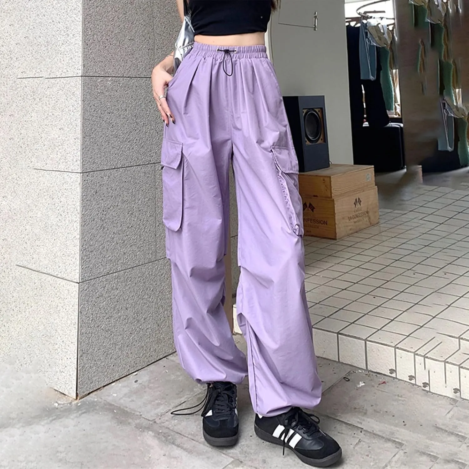sdbrld Womens High Waisted Cargo Pants Wide Leg Joggers Plus Size Casual Sweatpants Ladies Loose Trousers Clothes with Pocket