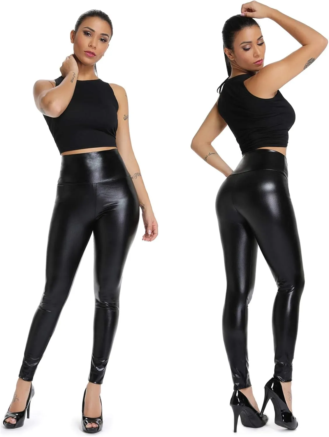 SEASUM Faux Leather Leggings for Women Stretchy High Waisted Butt Lifting Black Pleather Pants Outfit Sexy PU Leggings Tights