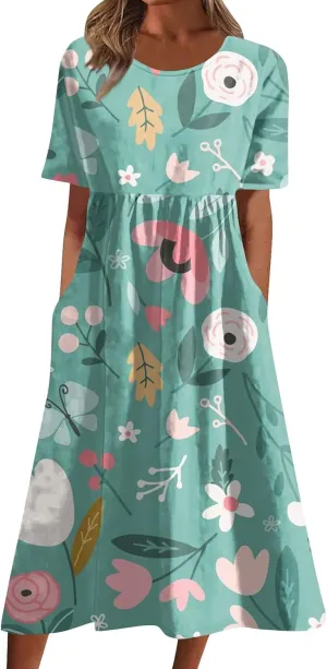 Segaven Dresses for Women 2024 Printed Round Neck Long Dresses Pocket Pleated Dresses Short Sleeve Casual Maxi Dress