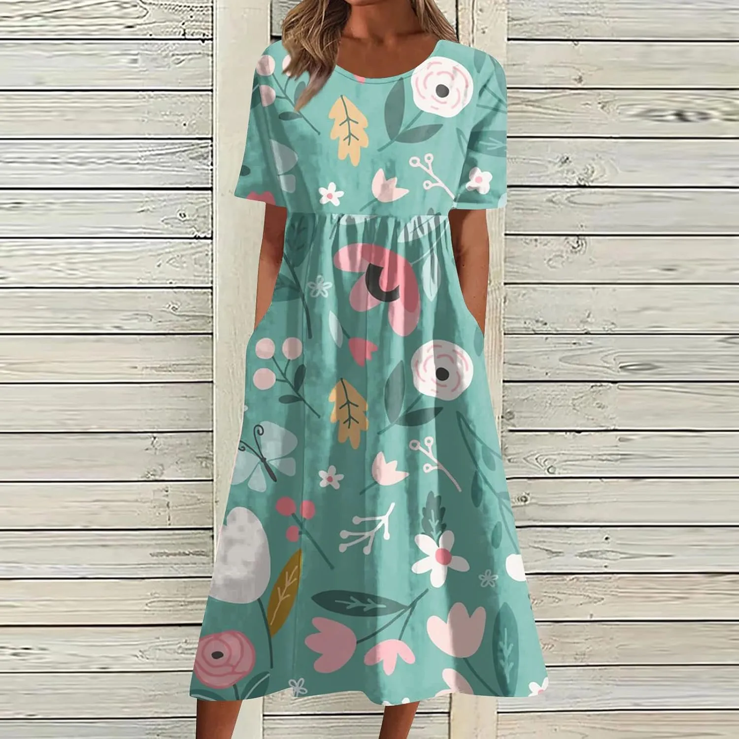 Segaven Dresses for Women 2024 Printed Round Neck Long Dresses Pocket Pleated Dresses Short Sleeve Casual Maxi Dress