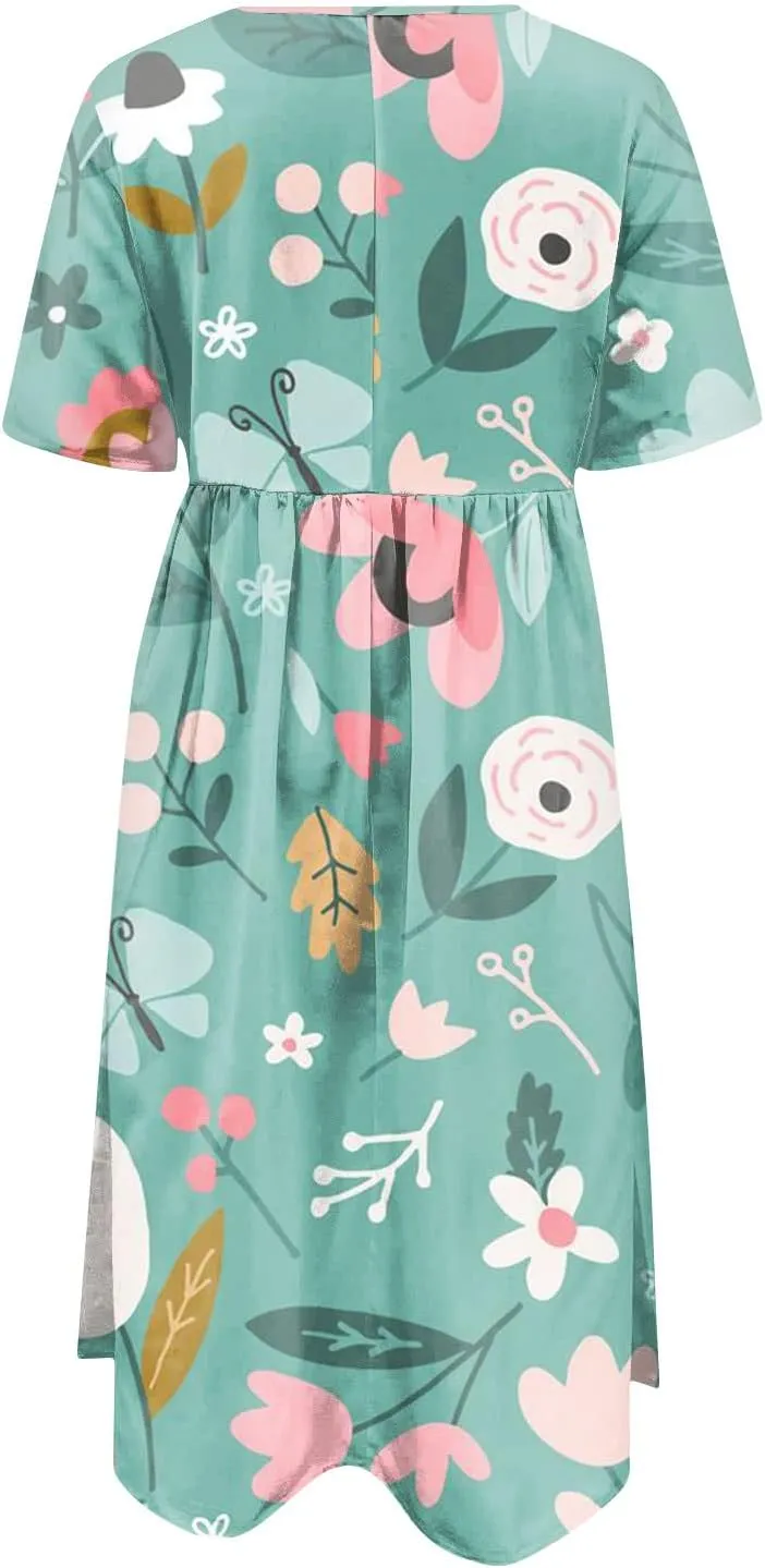 Segaven Dresses for Women 2024 Printed Round Neck Long Dresses Pocket Pleated Dresses Short Sleeve Casual Maxi Dress