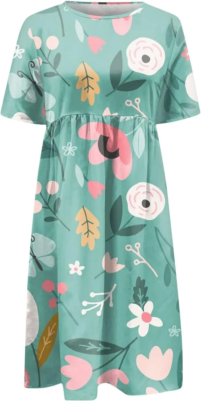 Segaven Dresses for Women 2024 Printed Round Neck Long Dresses Pocket Pleated Dresses Short Sleeve Casual Maxi Dress