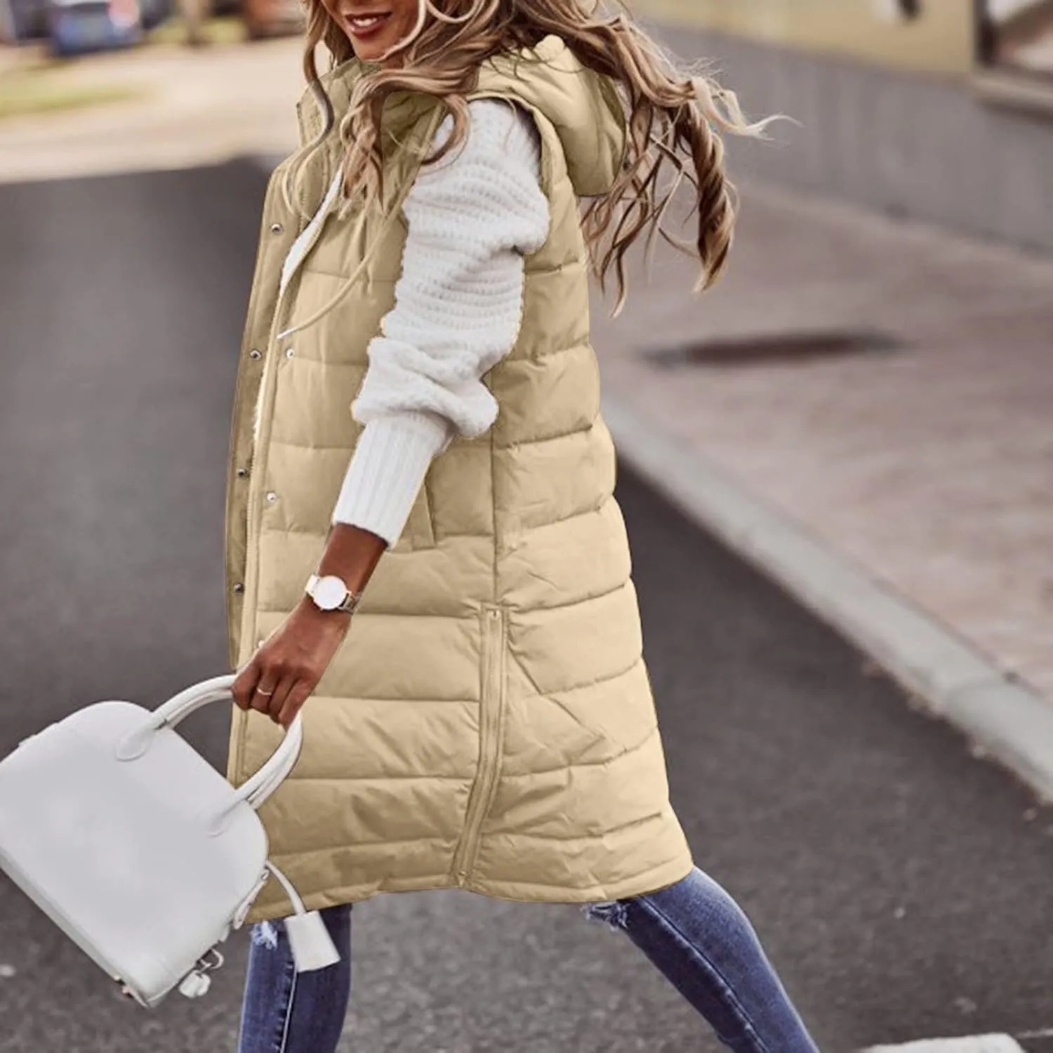 SHAOBGE Women's Long Womens Long Winter Coat Vest with Hood Sleeveless Warm Down Loose Coat with Pockets Woman Winter