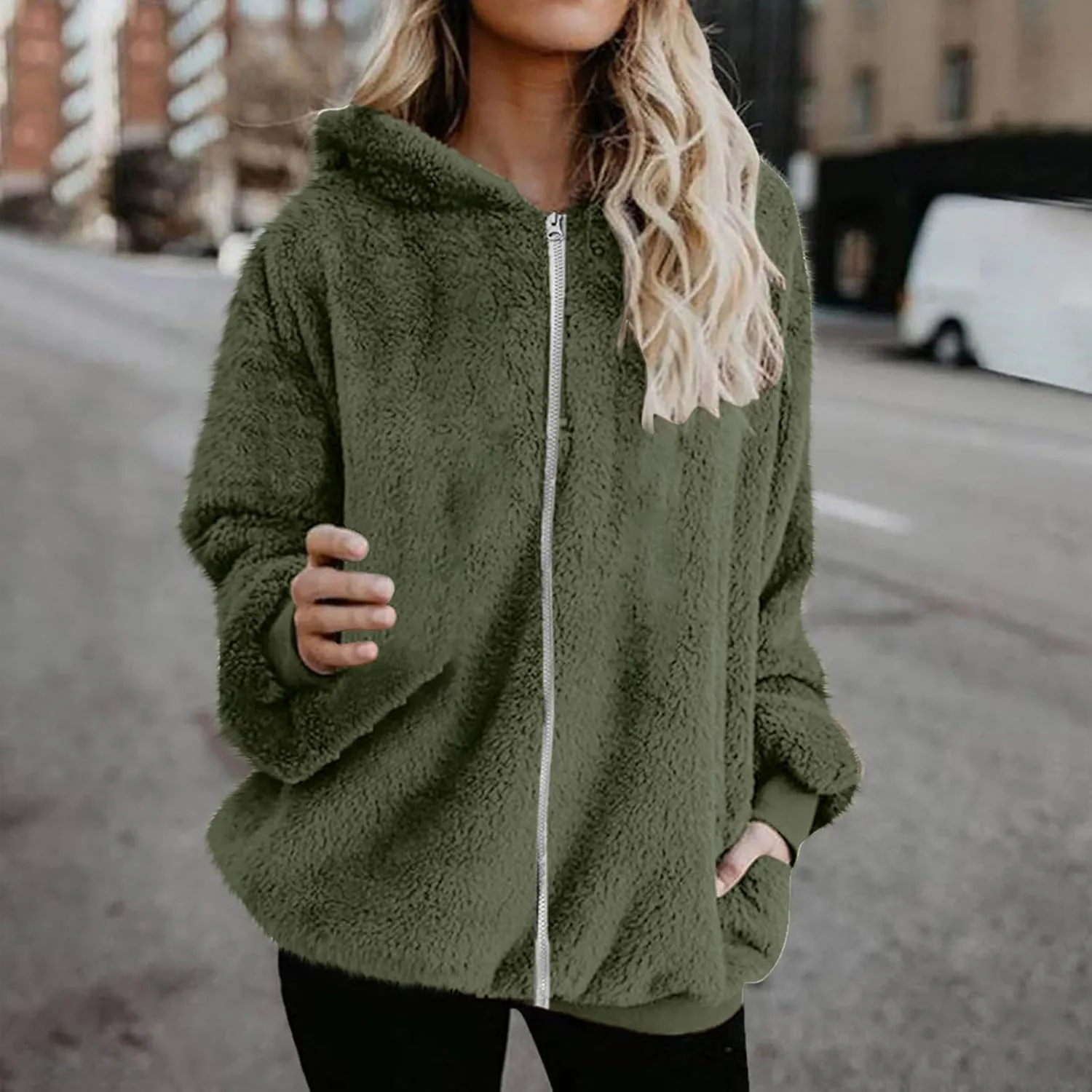 Sherpa Jacket for Women Fuzzy Zip Up Hoodie Casual Loose Warm Fluffy Jackets Fall Winter Fleece Coat with Pockets