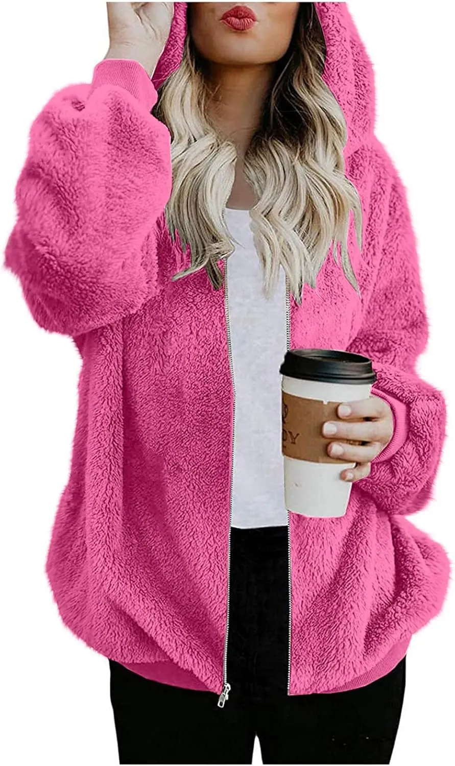 Sherpa Jacket for Women Fuzzy Zip Up Hoodie Casual Loose Warm Fluffy Jackets Fall Winter Fleece Coat with Pockets