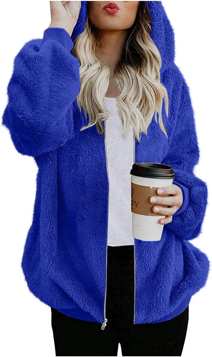 Sherpa Jacket for Women Fuzzy Zip Up Hoodie Casual Loose Warm Fluffy Jackets Fall Winter Fleece Coat with Pockets