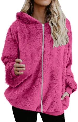 Sherpa Jacket for Women Fuzzy Zip Up Hoodie Casual Loose Warm Fluffy Jackets Fall Winter Fleece Coat with Pockets