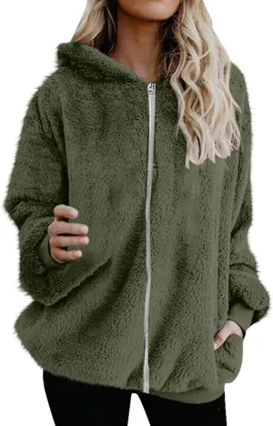 Sherpa Jacket for Women Fuzzy Zip Up Hoodie Casual Loose Warm Fluffy Jackets Fall Winter Fleece Coat with Pockets