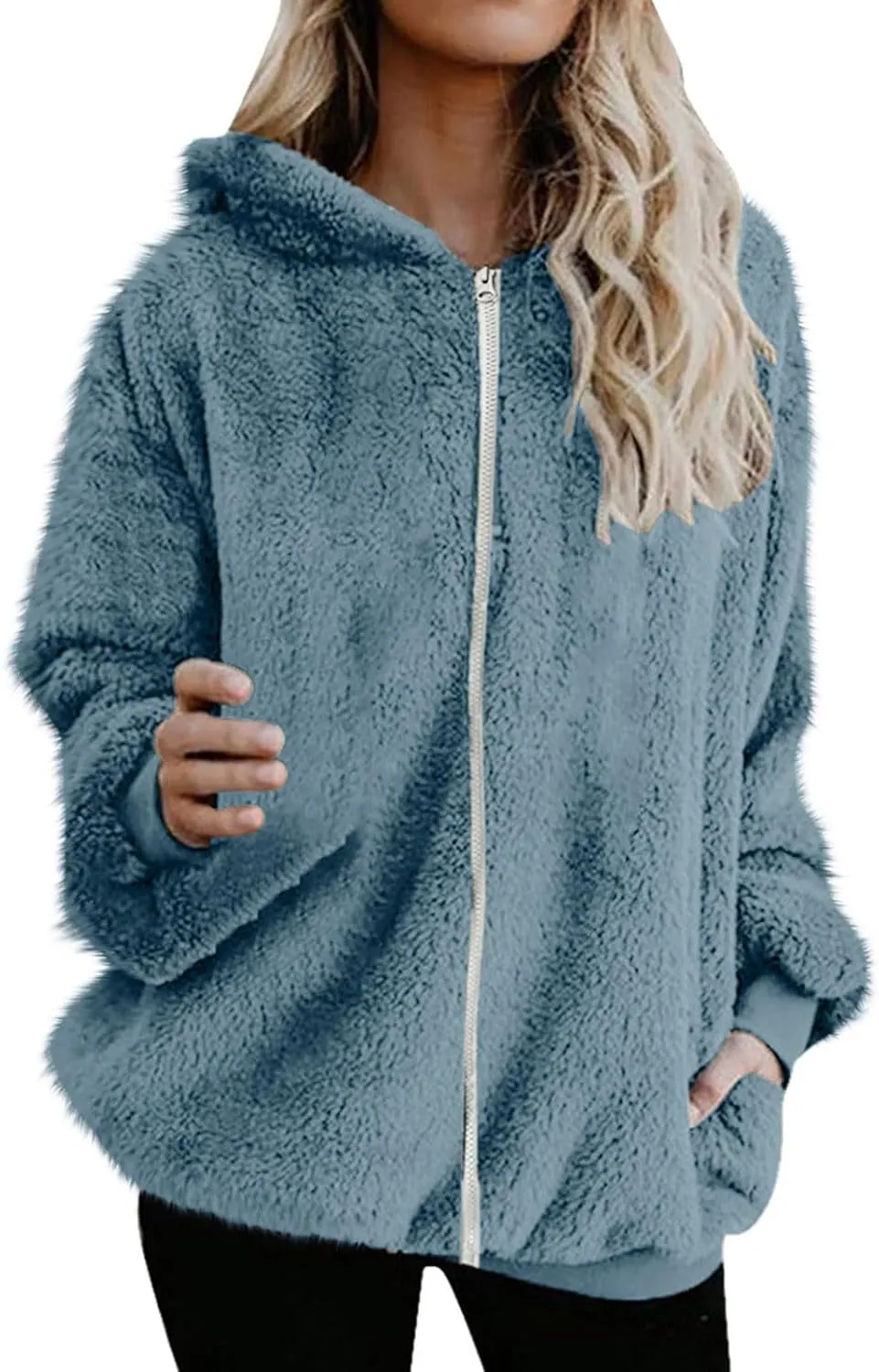 Sherpa Jacket for Women Fuzzy Zip Up Hoodie Casual Loose Warm Fluffy Jackets Fall Winter Fleece Coat with Pockets