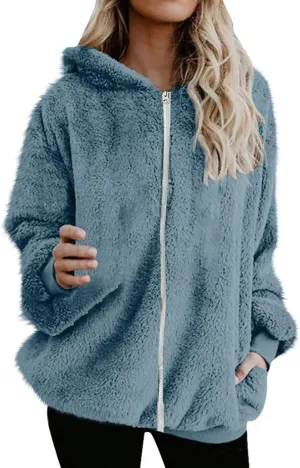 Sherpa Jacket for Women Fuzzy Zip Up Hoodie Casual Loose Warm Fluffy Jackets Fall Winter Fleece Coat with Pockets