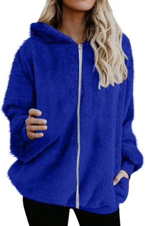 Sherpa Jacket for Women Fuzzy Zip Up Hoodie Casual Loose Warm Fluffy Jackets Fall Winter Fleece Coat with Pockets