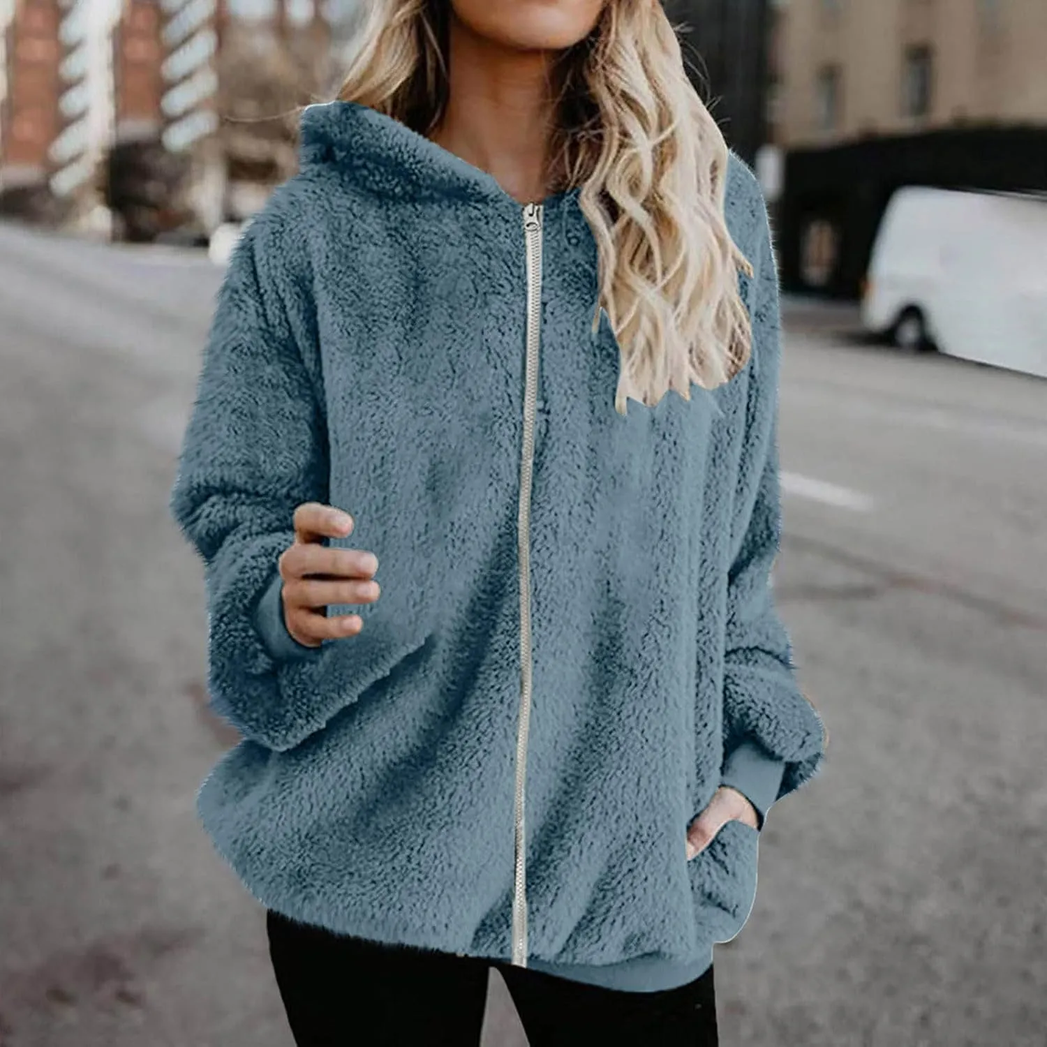 Sherpa Jacket for Women Fuzzy Zip Up Hoodie Casual Loose Warm Fluffy Jackets Fall Winter Fleece Coat with Pockets