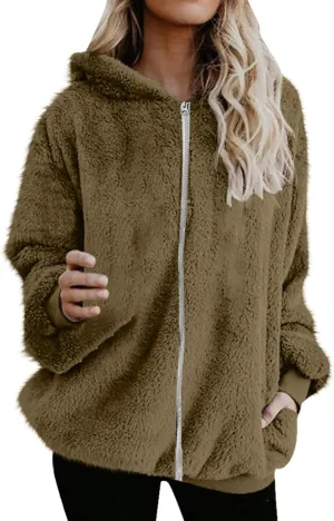 Sherpa Jacket for Women Fuzzy Zip Up Hoodie Casual Loose Warm Fluffy Jackets Fall Winter Fleece Coat with Pockets