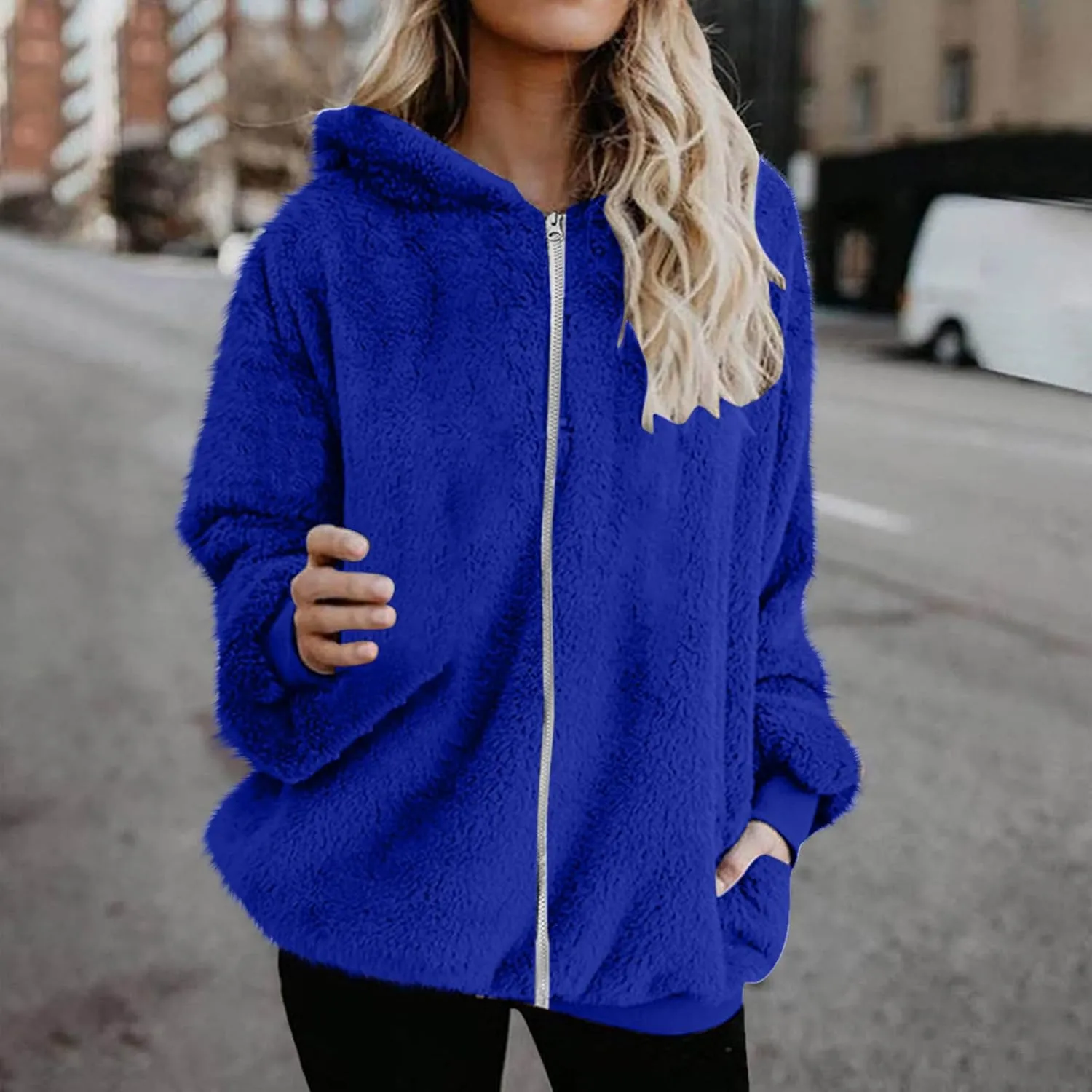 Sherpa Jacket for Women Fuzzy Zip Up Hoodie Casual Loose Warm Fluffy Jackets Fall Winter Fleece Coat with Pockets