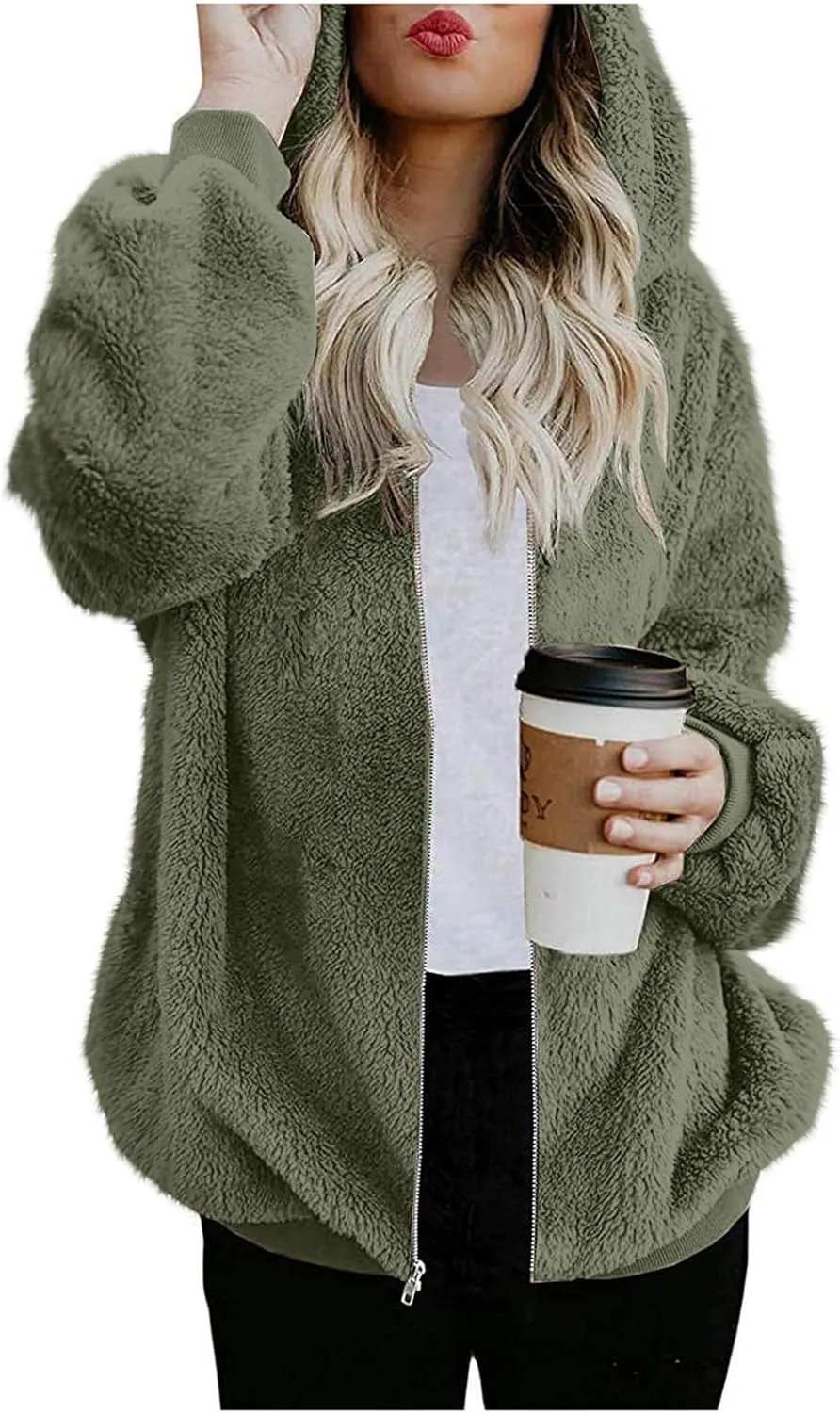 Sherpa Jacket for Women Fuzzy Zip Up Hoodie Casual Loose Warm Fluffy Jackets Fall Winter Fleece Coat with Pockets