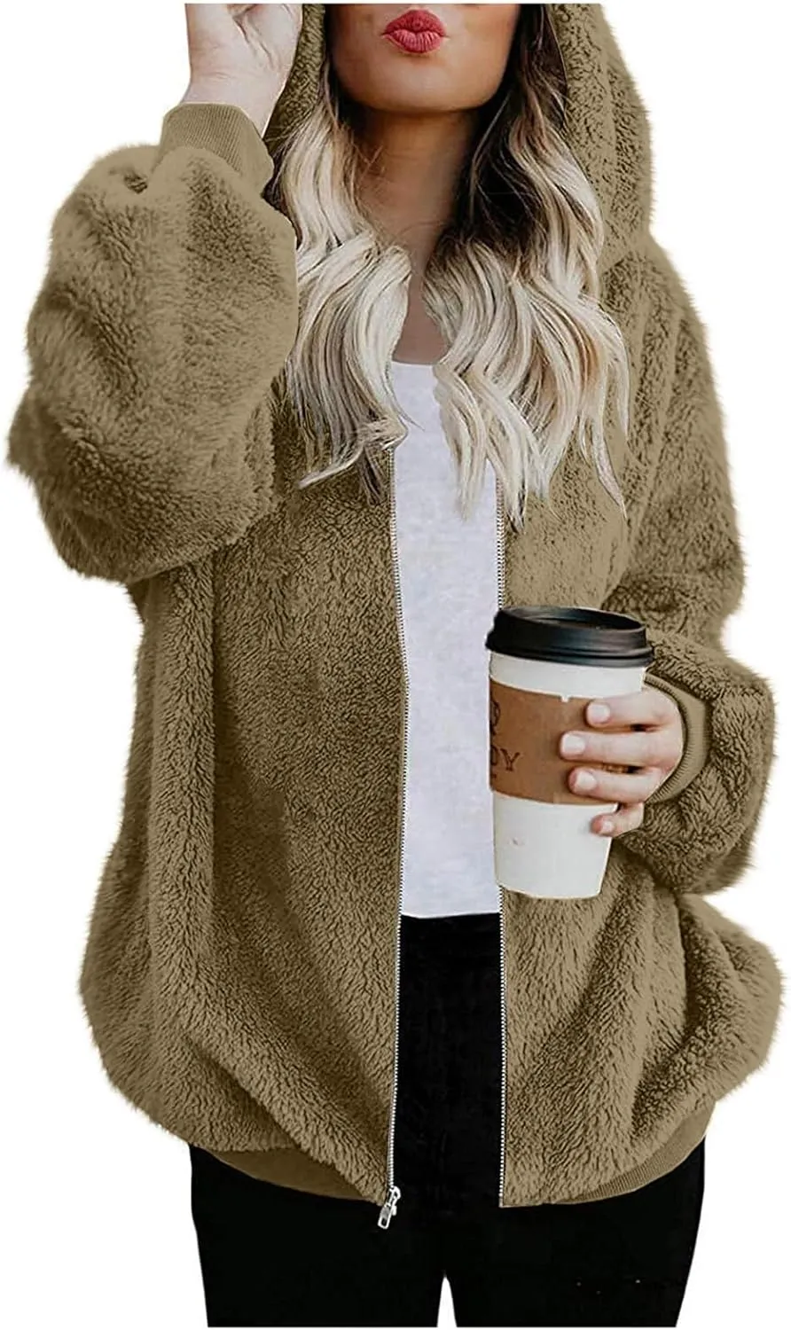 Sherpa Jacket for Women Fuzzy Zip Up Hoodie Casual Loose Warm Fluffy Jackets Fall Winter Fleece Coat with Pockets