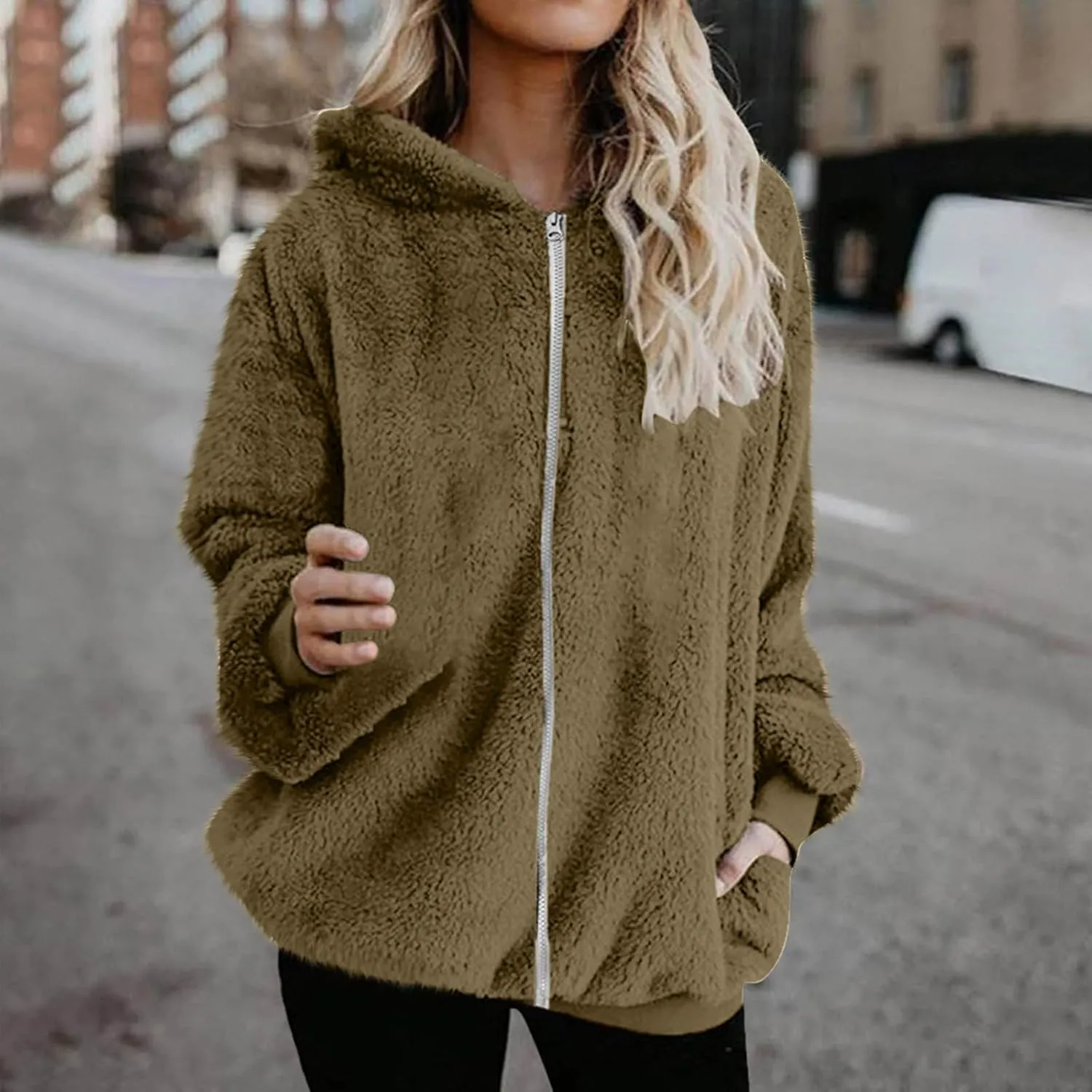 Sherpa Jacket for Women Fuzzy Zip Up Hoodie Casual Loose Warm Fluffy Jackets Fall Winter Fleece Coat with Pockets