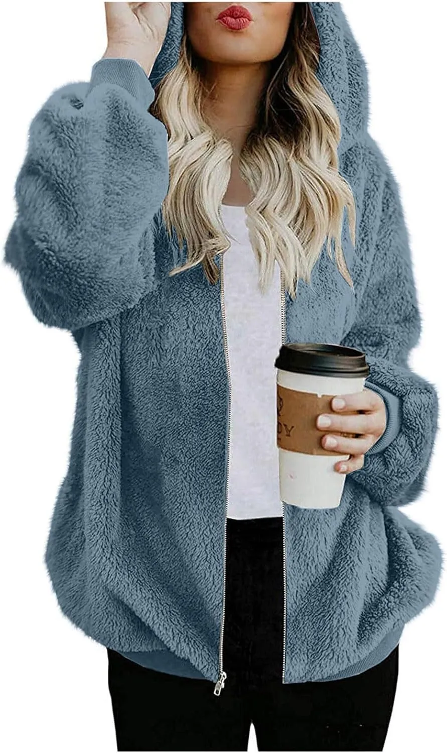 Sherpa Jacket for Women Fuzzy Zip Up Hoodie Casual Loose Warm Fluffy Jackets Fall Winter Fleece Coat with Pockets
