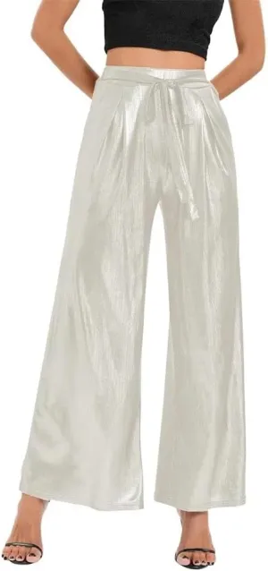 Shiny Metallic Women Sexy Ladies High Waist Ankle-Length Baggy Pants Wide Leg Trousers Female
