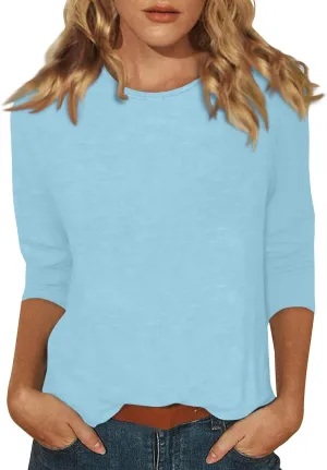 Shirts for Women Summer 3/4 Sleeve Crew Neck Printed Baggy Tops Holiday Dressy Casual Three Quarter Cute Womens Tops