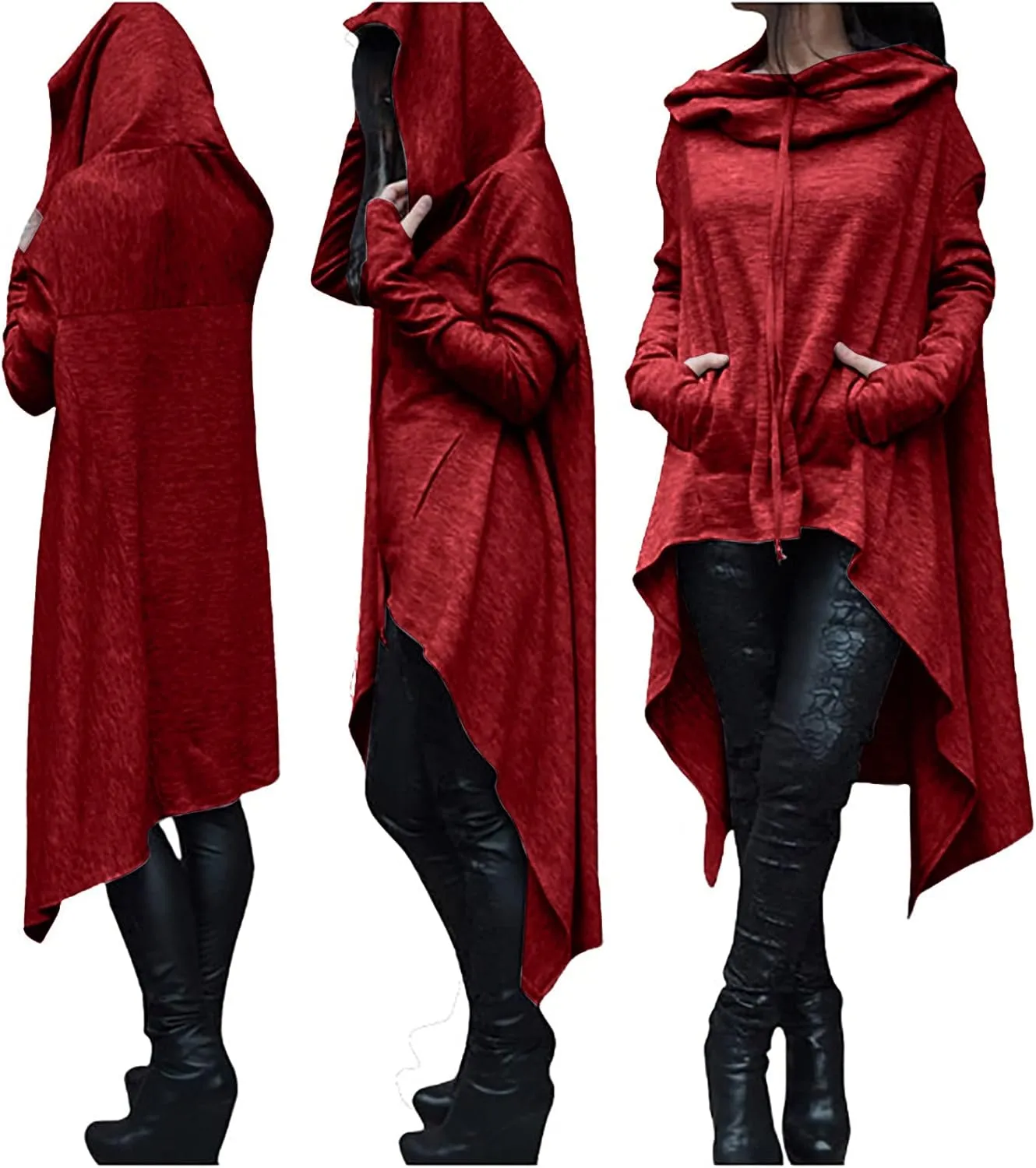 SHOPESSA Cowl Neck High Low Cloak Women Hooded Cape Shirts Long Sleeve Gothic Clothes Asymmetric Hem Pullover with Pocket