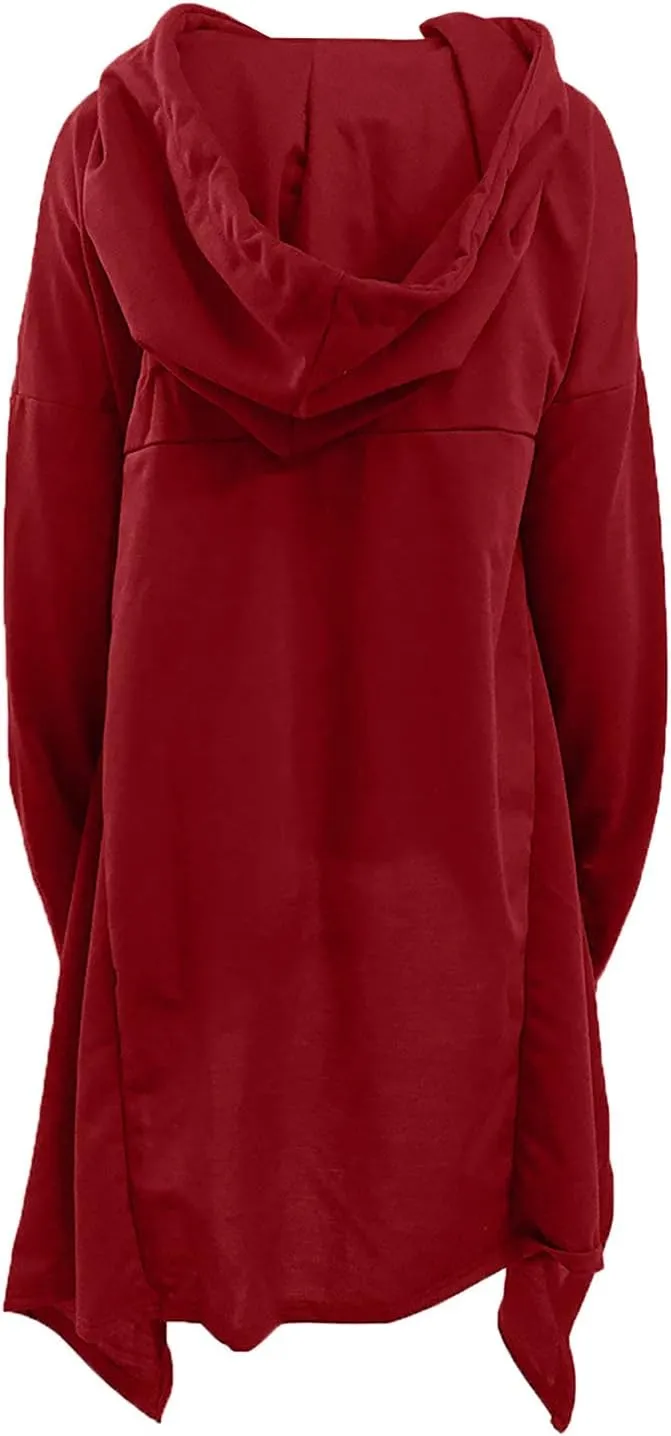 SHOPESSA Cowl Neck High Low Cloak Women Hooded Cape Shirts Long Sleeve Gothic Clothes Asymmetric Hem Pullover with Pocket