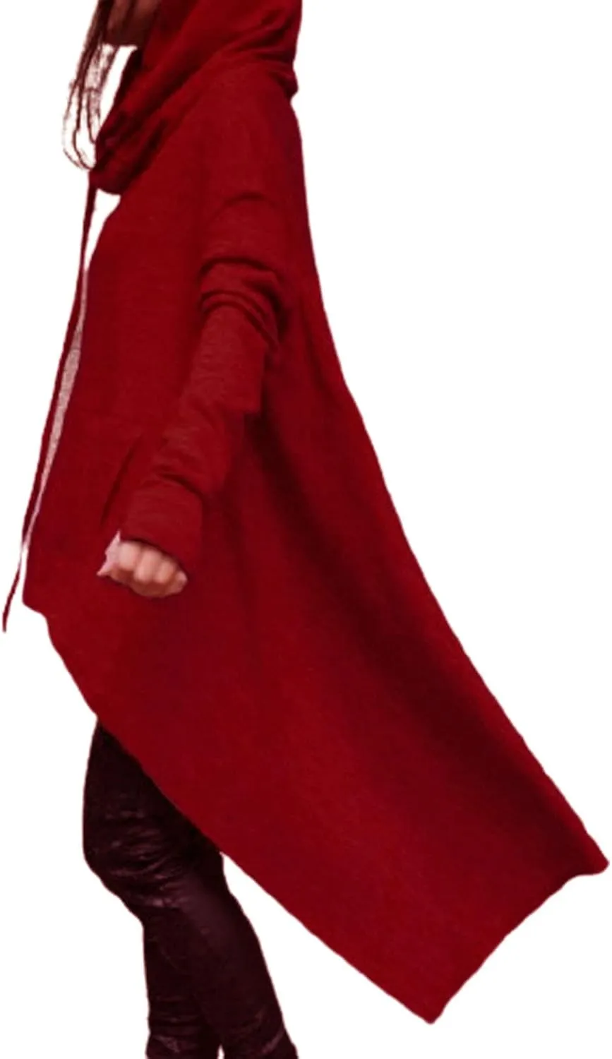 SHOPESSA Cowl Neck High Low Cloak Women Hooded Cape Shirts Long Sleeve Gothic Clothes Asymmetric Hem Pullover with Pocket