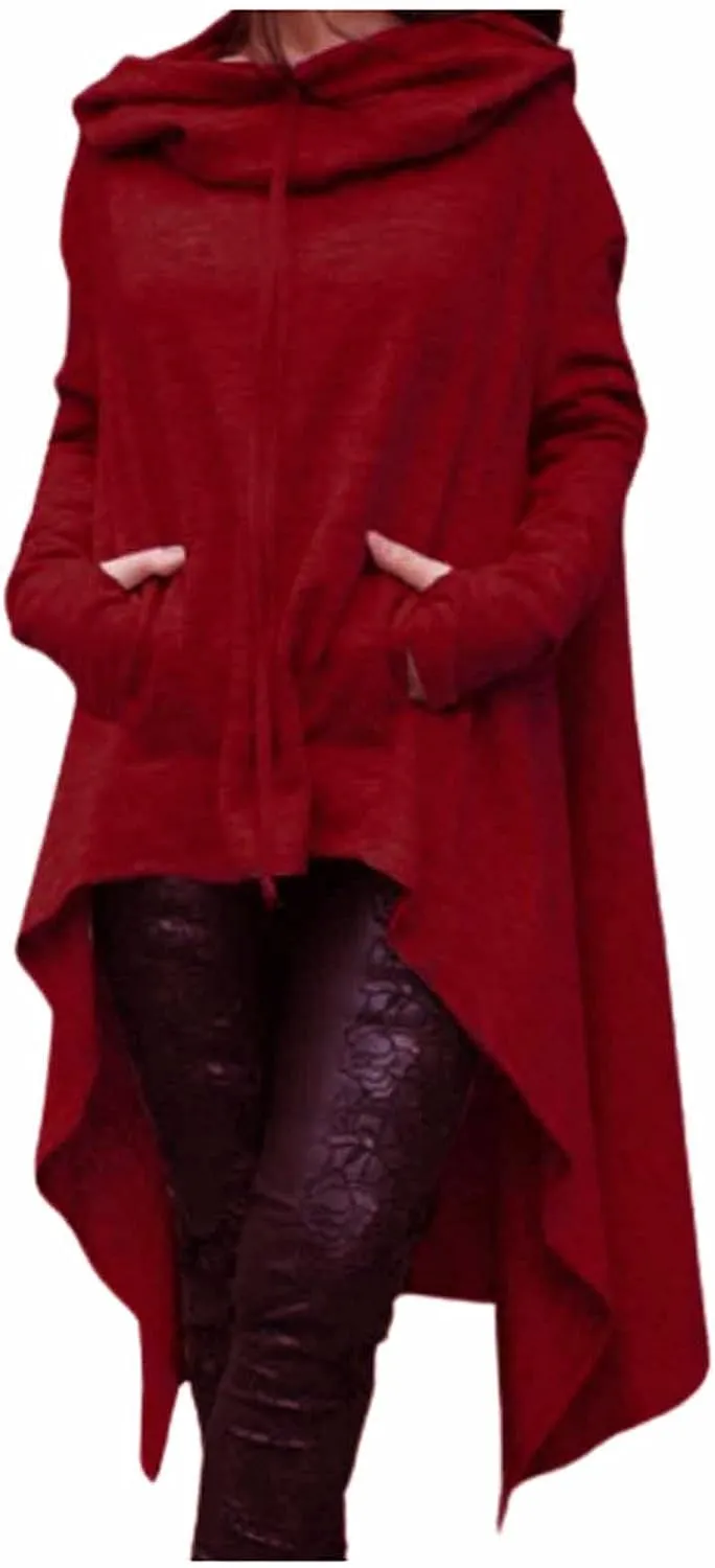 SHOPESSA Cowl Neck High Low Cloak Women Hooded Cape Shirts Long Sleeve Gothic Clothes Asymmetric Hem Pullover with Pocket