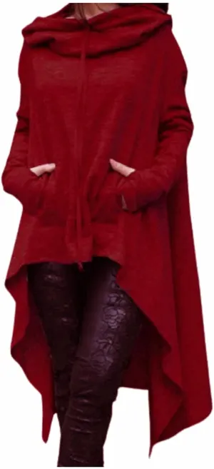SHOPESSA Cowl Neck High Low Cloak Women Hooded Cape Shirts Long Sleeve Gothic Clothes Asymmetric Hem Pullover with Pocket