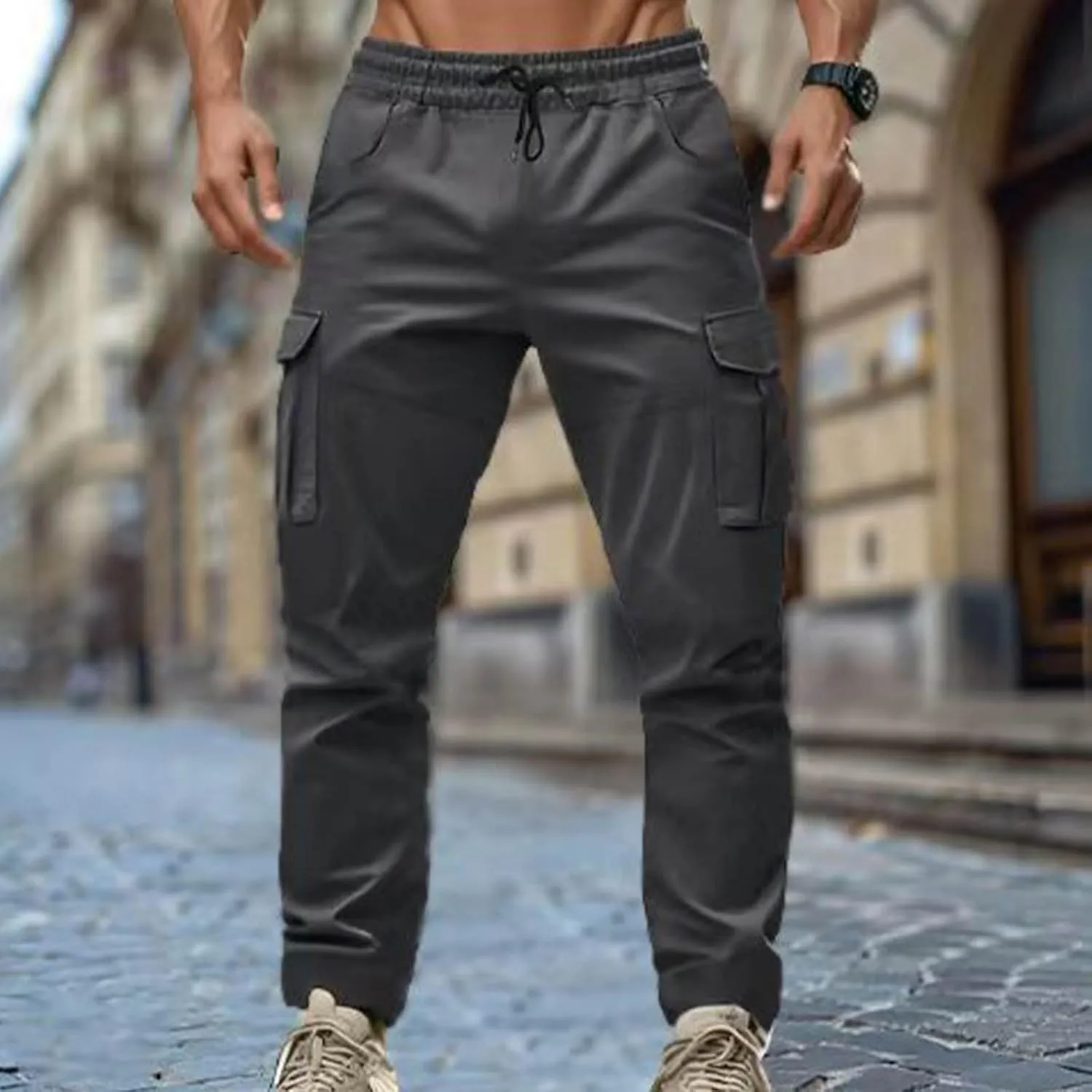 Sinzelimin Men's Cargo Pants Fashion Multiple Pockets Lace up Elastic Waist Loose Comfy Full Length Workwear Trouser