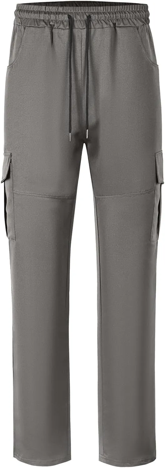 Sinzelimin Men's Cargo Pants Fashion Multiple Pockets Lace up Elastic Waist Loose Comfy Full Length Workwear Trouser